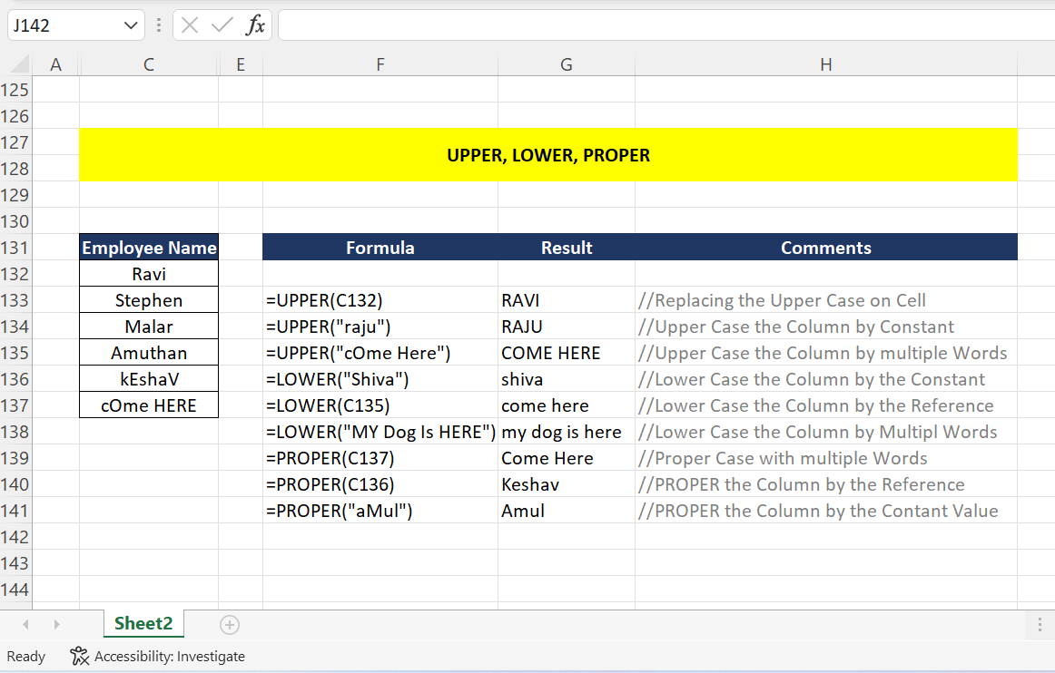 lower upper proper excel formula